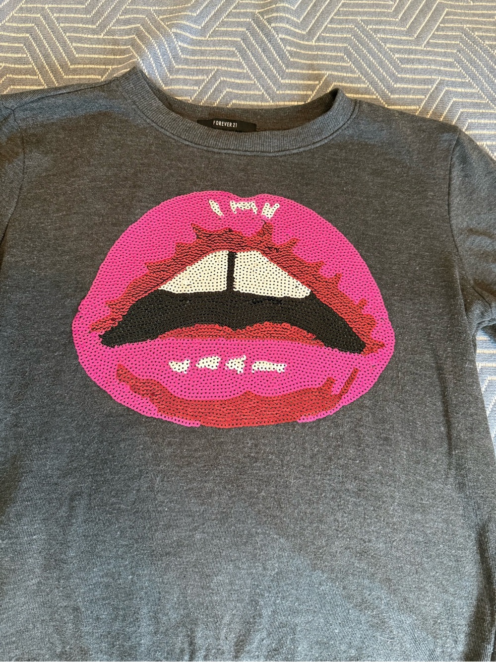 Forever 21 Charcoal Crewneck Sweater with Hot Pink Sequins Lip Graphic, S